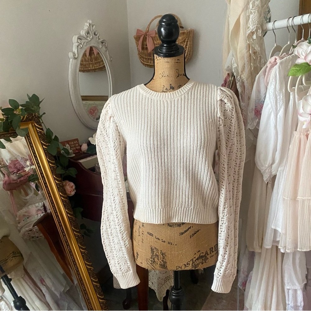Cream Cottagecore Sweater With Pointelle Sleeves